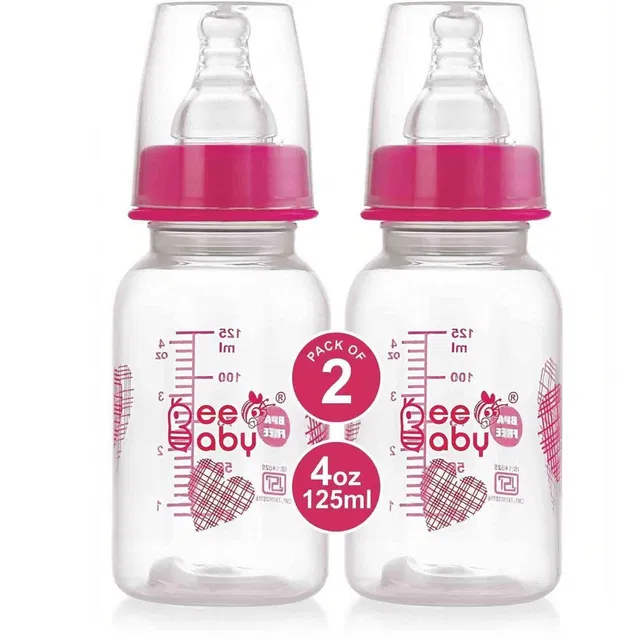 Beebaby Basic Slim Neck Baby Feeding Bottle with Anti-Colic Nipple, BPA FREE, 4M+, Pink - 125 ml