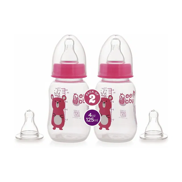 Beebaby Easy-Start Feeding Bottle with 4 Nipples, Pack of 2, BPA Free, 4M+, (Pink) - 125 ml