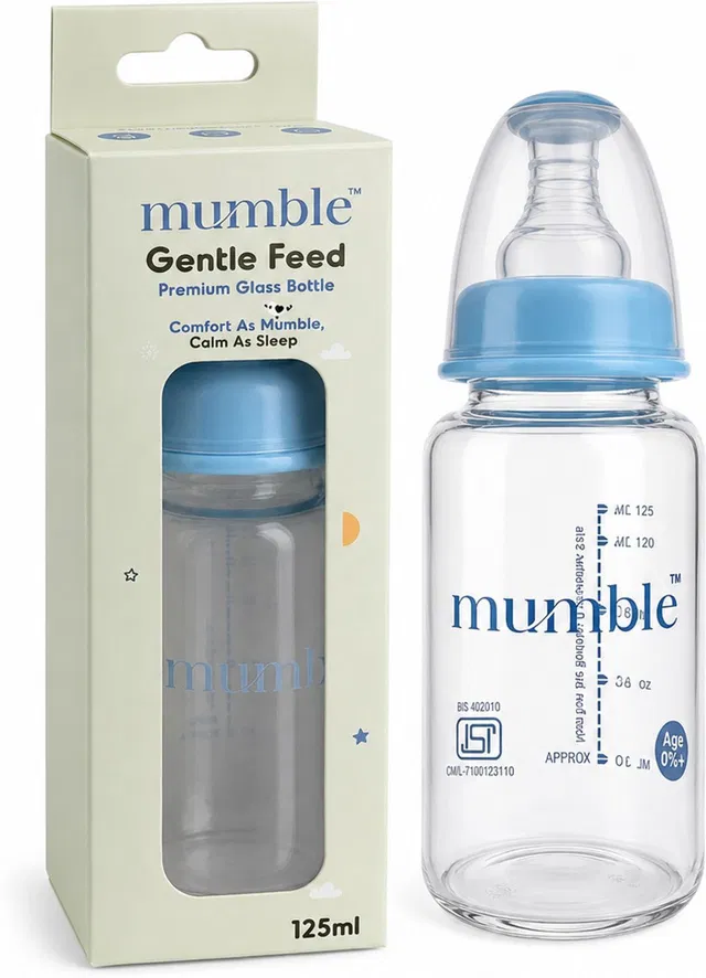 MUMBLE Baby Glass Feeding Bottle Anti-Colic | BPA Free | Soft Silicone Nipple | - 125 ml