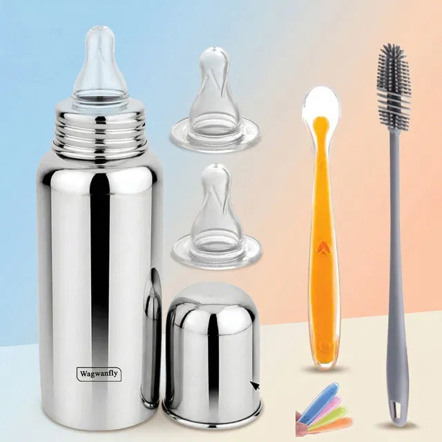 Wagwanfly Steel Baby Feeding Milk Bottle with Cleaning Brush for New Born Babies - 240 ml