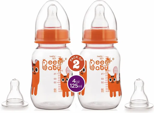 Beebaby Easy-Start Feeding Bottle with 4 Nipples, Pack of 2, BPA Free, 4M+, (Orange) - 125 ml