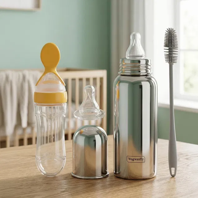 Wagwanfly Stainless Steel New Born Baby Feeding Bottle for Milk Water With Spoon Feeder - 240 ml