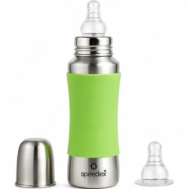SPEEDEX Stainless Steel Baby Feeding Bottle with Internal ML Marking, Silicon Stopper & Silicon Grip (240 ml) (3 Extra Nipple Free) - 240 ml