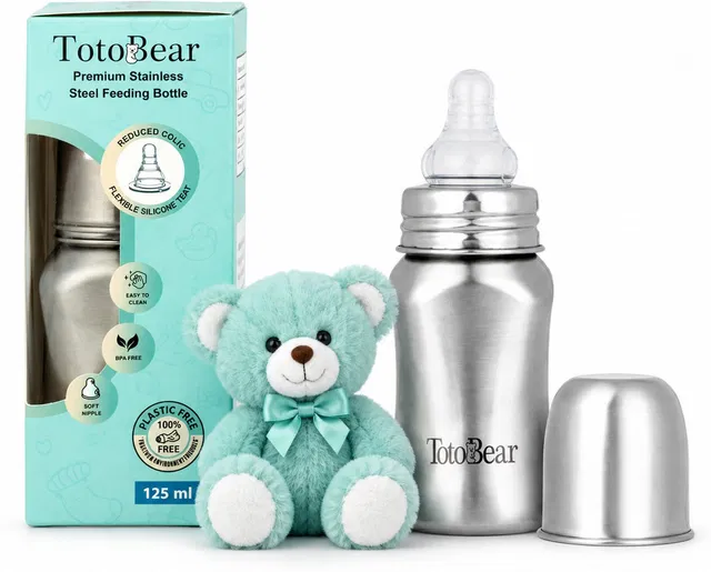 TotoBear CuboGrip Stainless Steel SS304 Wide Neck Baby Feeding Bottle - 125 ml