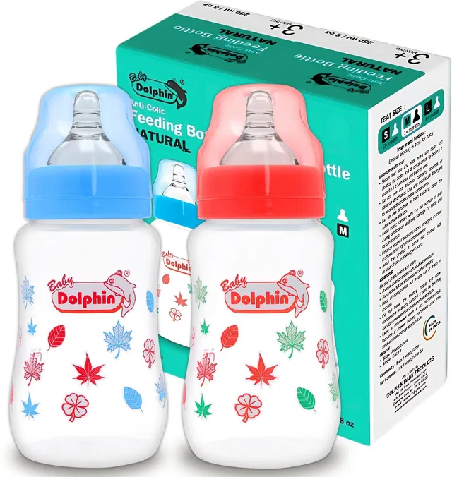 Baby Dolphin Anti-Colic Natural Wide Neck Baby Feeding Bottles | Pack of 2 | BPA Free | Leaf - 250 ml