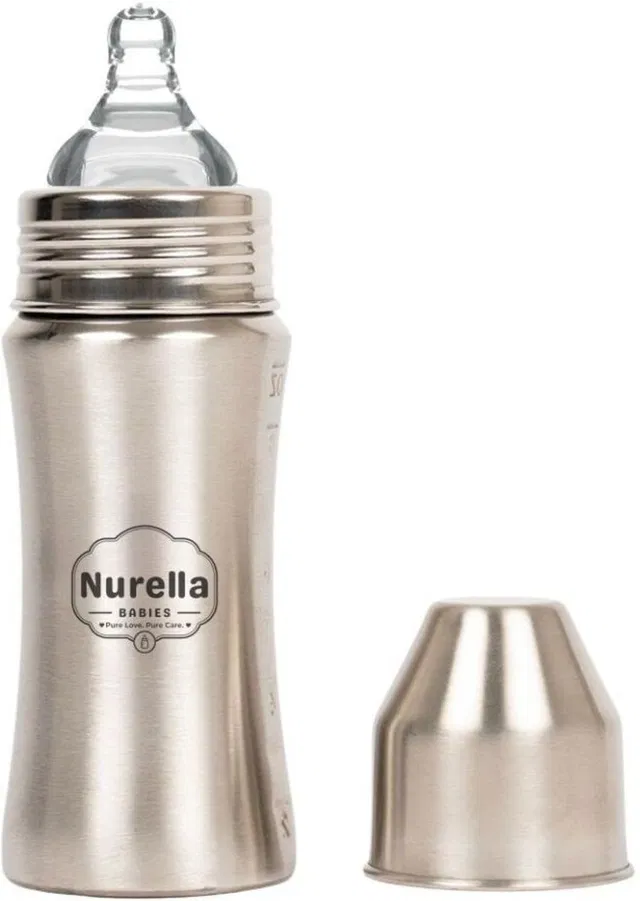 nurellababies Baby Feeding Bottle with Anti-Colic Nipple | Stainless Steel Simple Bottle - 250 ml