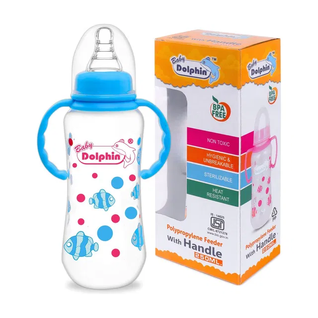 Baby Dolphin Anti-Colic Slim Neck Baby Feeding Bottle with Handle| BPA Free |Milk Bottle |3m+ - 250 ml