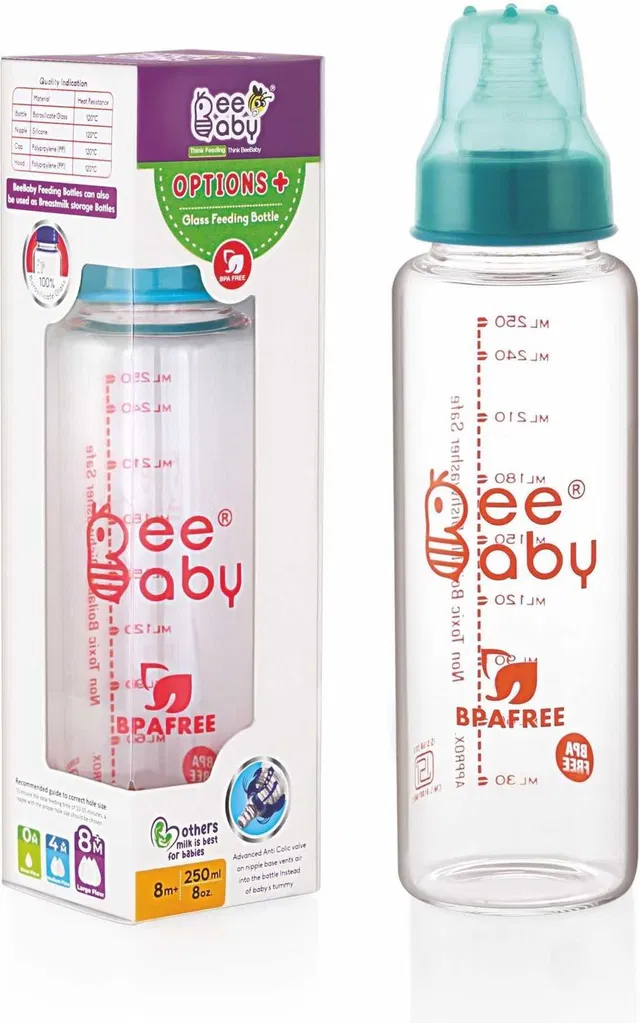 Beebaby Slim Neck�Options+ Anti Colic Glass Feeding Bottle. 100% BPA FREE 8M+ - 250 ml