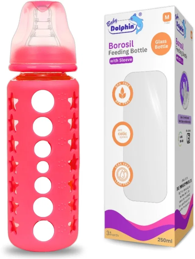 Baby Dolphin Anti-Colic Borosil Glass Feeding Bottle with Sleeve, 100% Bpa Free - 250 ml