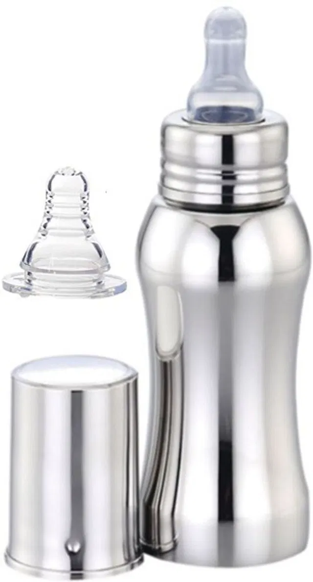 Baby Trendz Stainless Steel Baby Feeding Bottle 300ml with one Extra Nipple - 300 ml