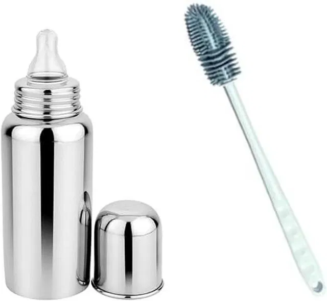 Royal krafts Stainless Steel Feeding Bottle with Silicone bottle Brush combo for Babies - 240 ml