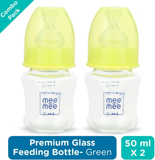 MeeMee Premium Glass Feeding Bottle (Pack of 2, Green) - 50 ml
