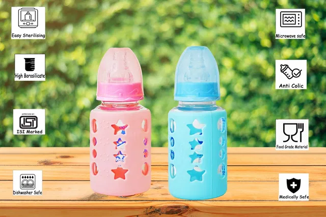 The Little Lookers Glass Feeding Bottle for Newborns/Infants/Babies | with Silicone Warmer Cover Pack of 2 (Pink & Blue) - 120 ml
