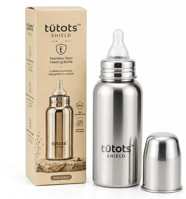 tutots Stainless steel Feeding Bottle, BPA Free, Anti-Colic - 240 ml