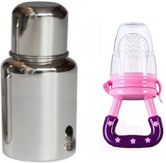 BABA PAPA Silver Stainless Steel Baby Feeding Bottle WITH Fruit Feeder, 250 ml - 250 ml