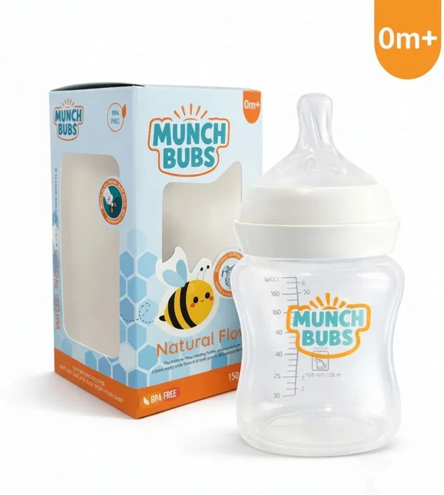 munch bubs Anti-Colic Wide Neck Natural Flow 150ml BPA Free baby Feeding Bottle - 210 ml
