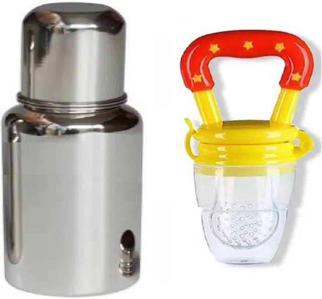 KRISHVIA Stainless Steel silver Baby Feeding Bottle for Milk Easy to Hold Design 304 Food Grade Silicon Nipple With Fruit Feeder - 250 ml