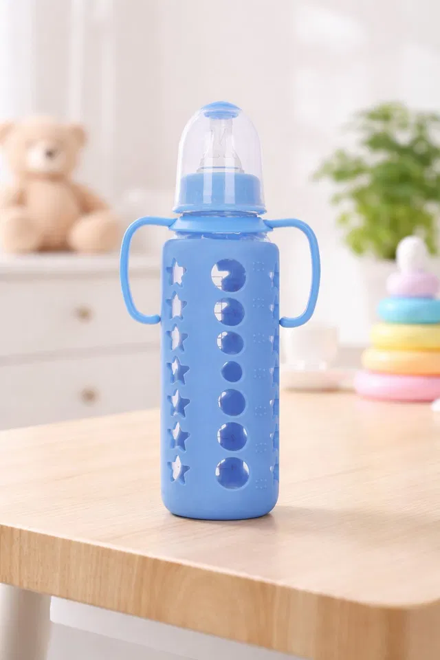 advik mart Glass Baby Bottle with Protective Silicone Cover & Easy-Grip Handles Anti-Colic - 240 ml