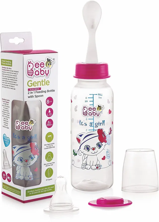Beebaby Gentle 2 in 1 Baby Feeding Bottle with Plastic Feeder Spoon. 100% BPA Free - 250 ml