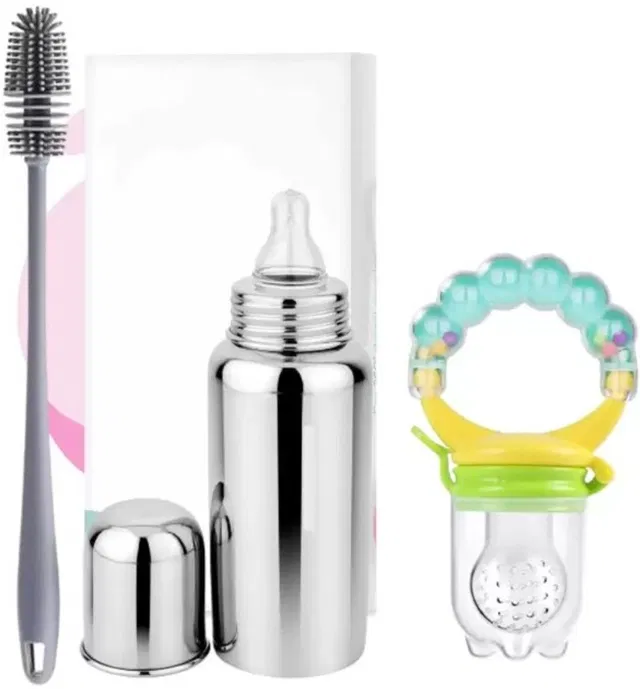 Royal krafts Stainless Steel Baby Feeding Bottle, 1 food Nibbler and 1 Cleaning Brush Combo - 240 ml