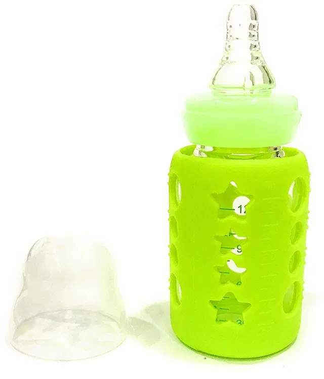 The Little Lookers Glass Feeding Bottle for Newborns/Infants with Silicone Warmer Cover - 240 ml