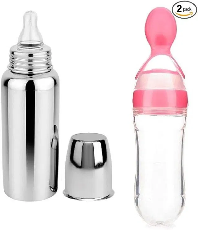 Royal krafts Stainless Steel Baby Feeding Bottle and Spoon Combo for Kids(240 ML Bottle) - 240 ml