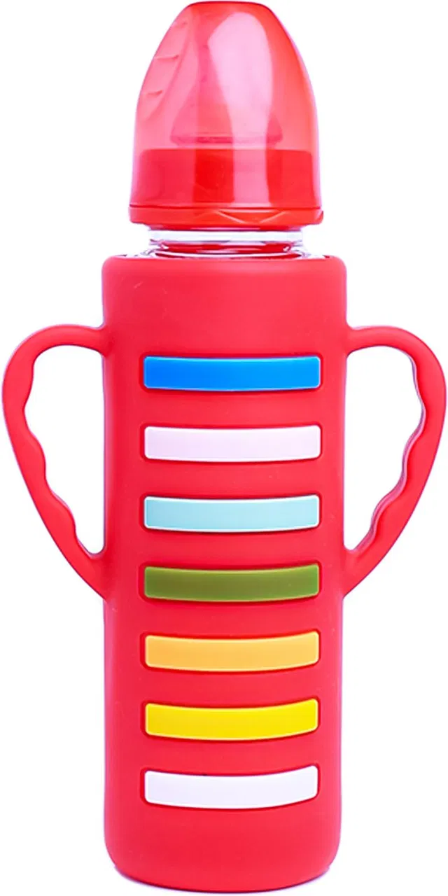 The Little Lookers Glass Feeding Bottle with Handle Silicon Cover for Baby - Red (240ml) - 240 ml
