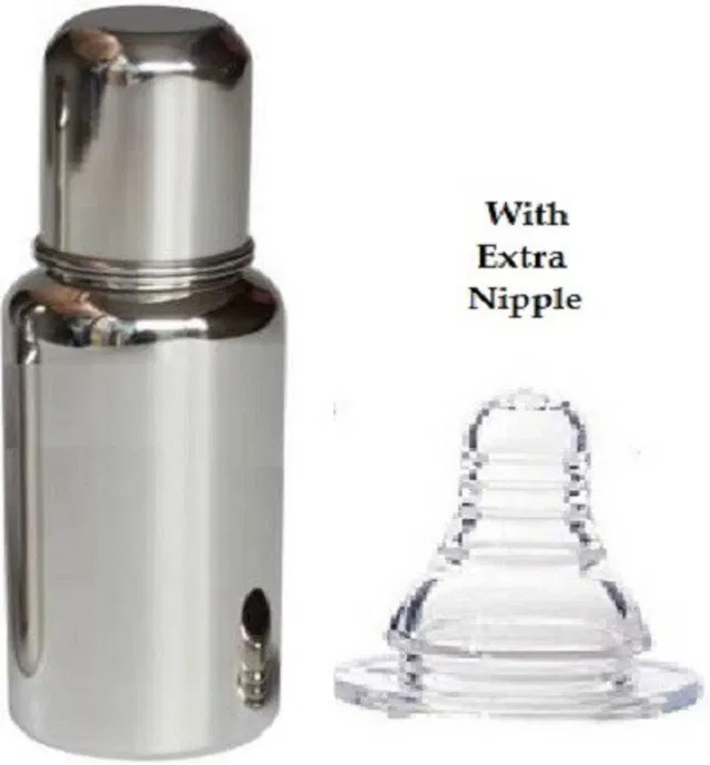 BABA PAPA Stainless Steel Baby Feeding Bottle 250 ml Easy to Hold Design Silicon Nipple, Silicon Sipper With Extra Nipple, Silver - 250 ml