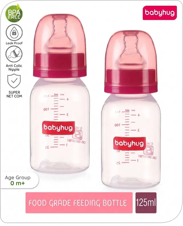 babyhug Anti-Colic BPA-Free Plastic Feeding Bottle for Newborns, Pink, 0+ Months - 250 ml