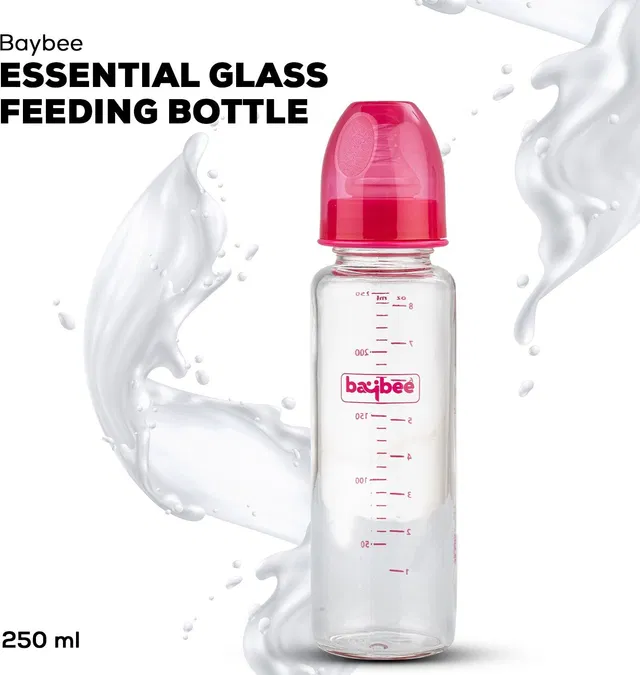 baybee Slim Essential Glass Baby Feeding Bottle 250ml, Milk Feeding Bottle for New Born - 250 ml