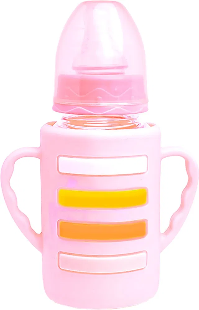 The Little Lookers Glass Feeding Bottle with Handle Silicon Cover for Baby - Pink (120ml) - 120 ml