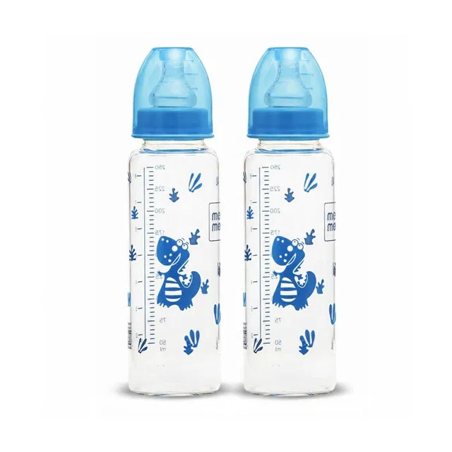 MeeMee Baby Bottle Pro Junior Glass Feeding Bottle with Soft Nipple for 0-2 Yrs (2 Pcs) - 240 ml