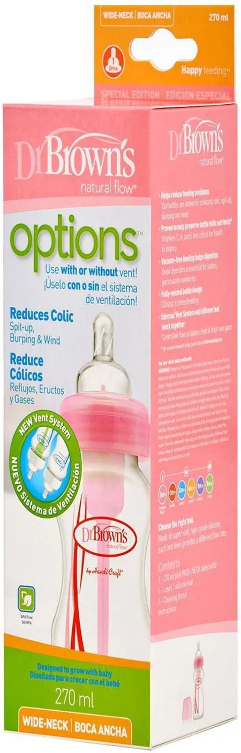 Dr Brown Natural Flow Options Wide Neck BPA Free Feeding Bottle With Included Straw Brush - 270 ml