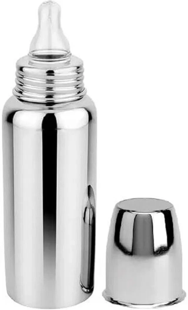 Amalya Baby Feeding Bottle With Silicone Nipple - 250 ml (Silver) - 250 ml
