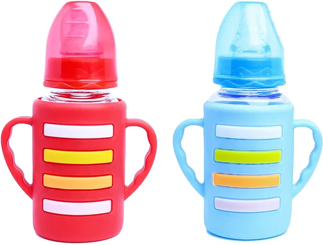 The Little Lookers Glass Feeding Bottle with Handle Silicon Cover for Baby - Red & Blue (120ml) - 120 ml