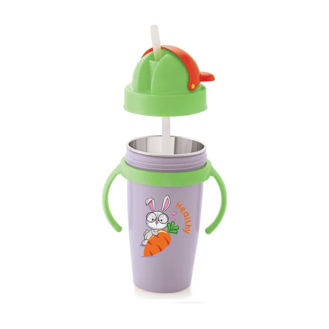 Nabhya Inner Steel Cartoon Print Water Bottle With Straw 360 ML Sipper Bottle for Kids