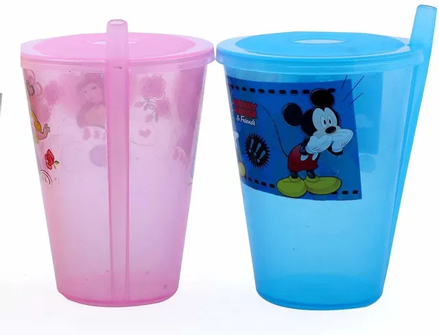WiiBross Plastic Air Tight Glass with Sipper Lid & Straw for Kids, Dust-Free Cover Lid, Sipper Glass, Sipper Glass with Straw, Sipper Glass for Baby (Pack of 2)(Multi-Color) SH 24