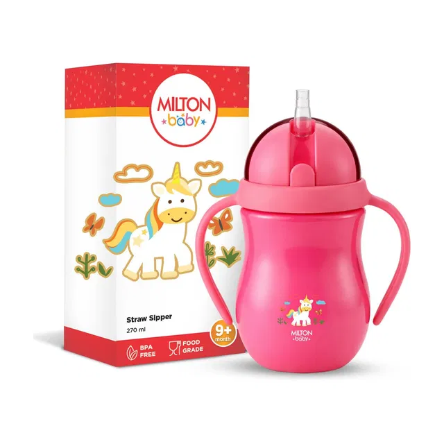 Milton Baby Flexible Straw Sipper Bottle | 360° Drinking for kids 9+ Month, 270 ml, Pink