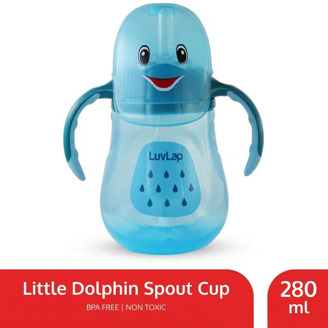 LuvLap Little Dolphin Baby Sipper/Sippy Cup 280ml, Anti-Spill Soft Silicone Straw 6m+