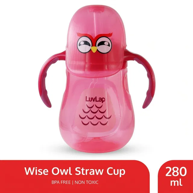 LuvLap Wise Owl Baby Sipper/Sippy Cup 280ml, Anti-Spill Soft Silicone Straw, 6m+