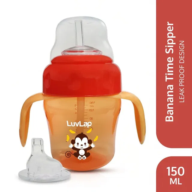 LuvLap Banana Time Sipper / Sippy Cup 210ml, Anti-Spill Design with Soft Silicone Spout and Straw, 6m+ (Orange)