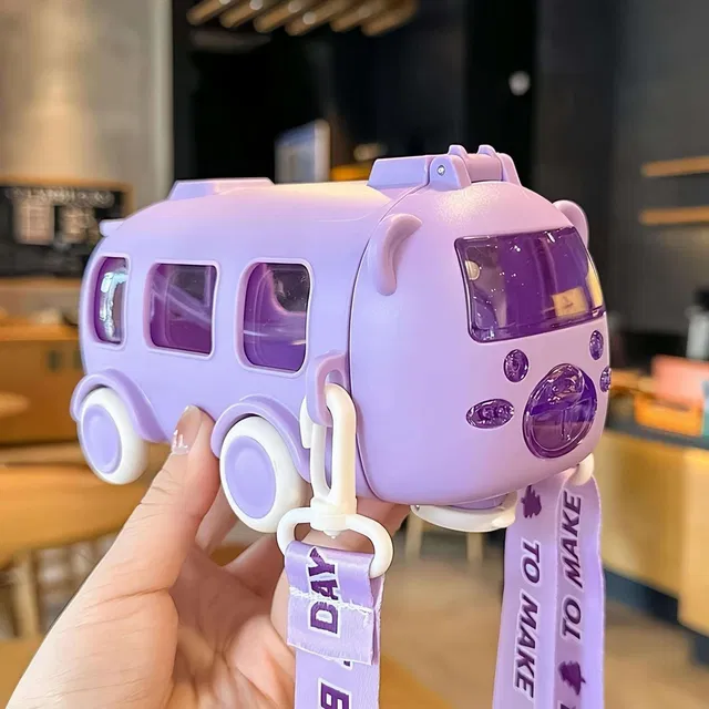 MHAX New Children Cartoon Straw Cup Portable Bus Car Plastic Water Bottle