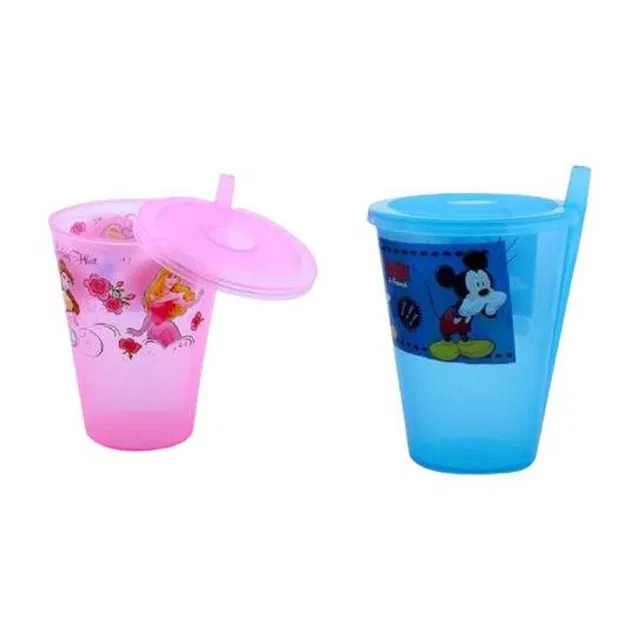 Tekzie Disney Sipper Glass with Straw and Lid for Kids (Blue and Pink) - Pack of 2