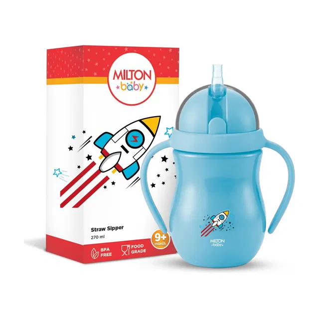 Milton Baby Flexible Straw Sipper Bottle 360° Drinking for kids 9+ Month, 270 ml, Light Blue