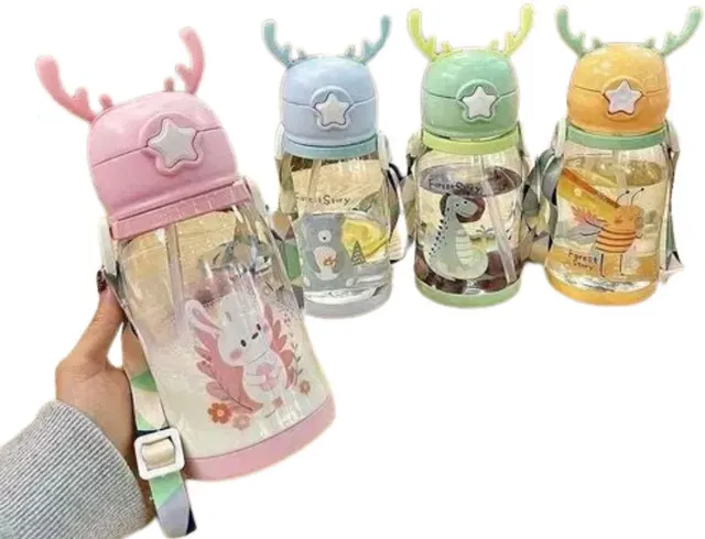 ROMYCRON Sipper Water Bottle Leakproof Lock Cap Deer Horn Cartoon Design Sipper for Kids
