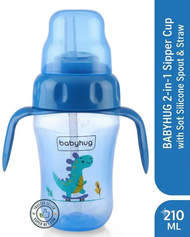 babyhug Dino 2-in-1 Sipper Cup with Silicone Spout & Straw with Easy Grip Handles