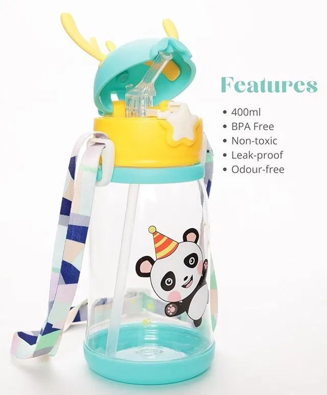 Vadhavan Cartoon Printed Deer Horn Sipper Water Bottle with Strap, Straw, Leakproof