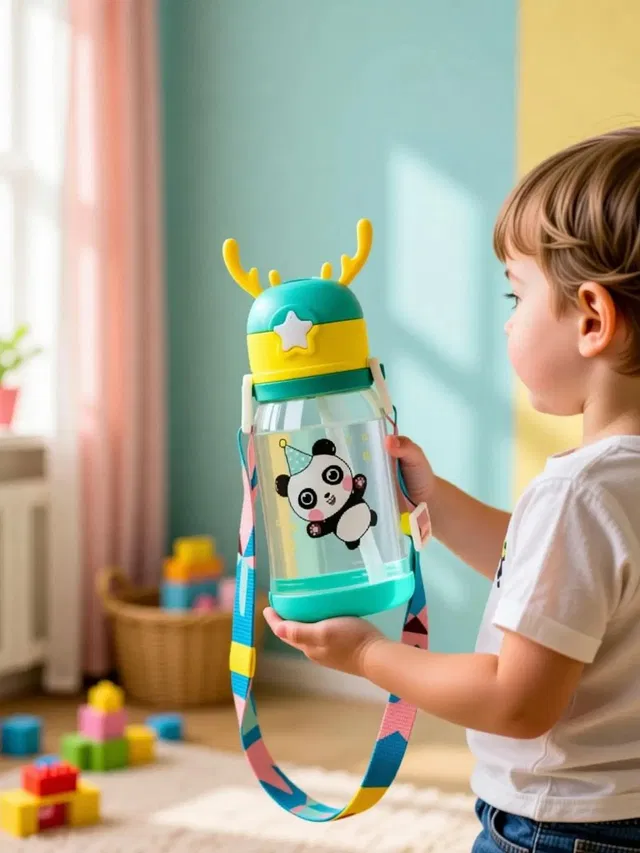 URBANHUDA Eco-friendly Baby Water Bottle For Kids With Soft Silicone Straw & Strap - 300ml