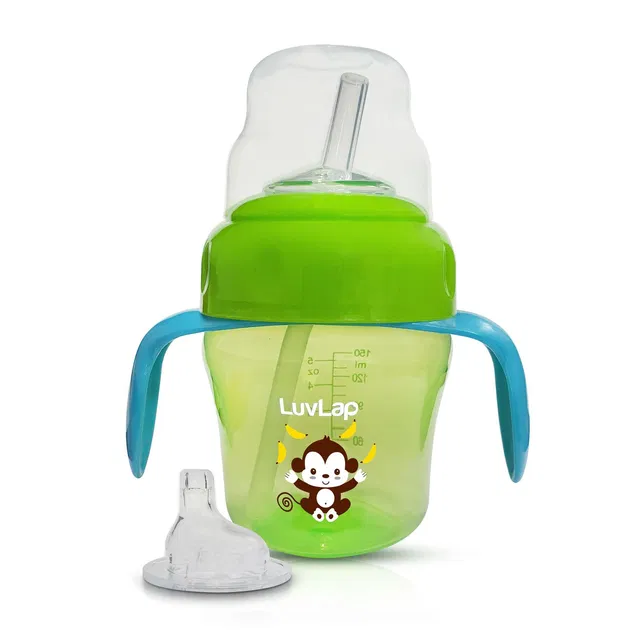 LuvLap Banana Time Sipper / Sippy Cup 210ml, Anti-Spill Design with Soft Silicone Spout and Straw, 6m+ (Green)