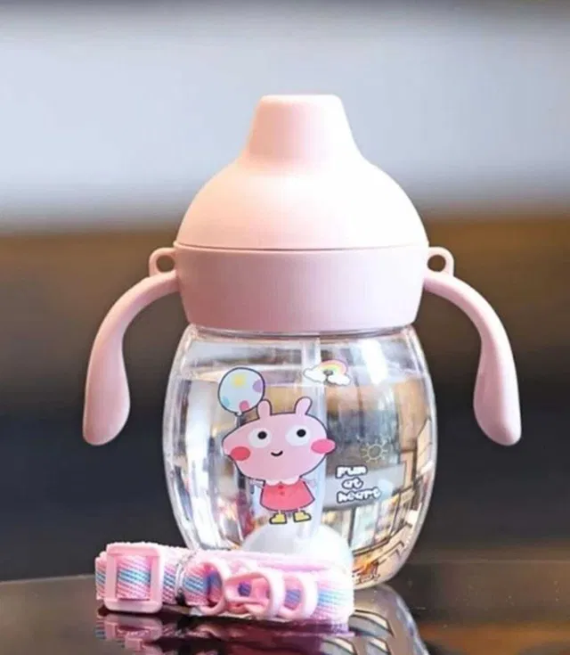 Goodies Outlet Cute Baby Sipper Bottle with Handles & Strap 340ml, Soft Silicone Spout & Straw